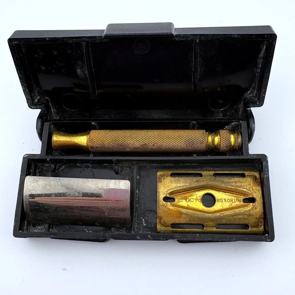 Vintage Gillette Gold Tone 3 Piece Safety Razor with Black Diamond Logo Case USA